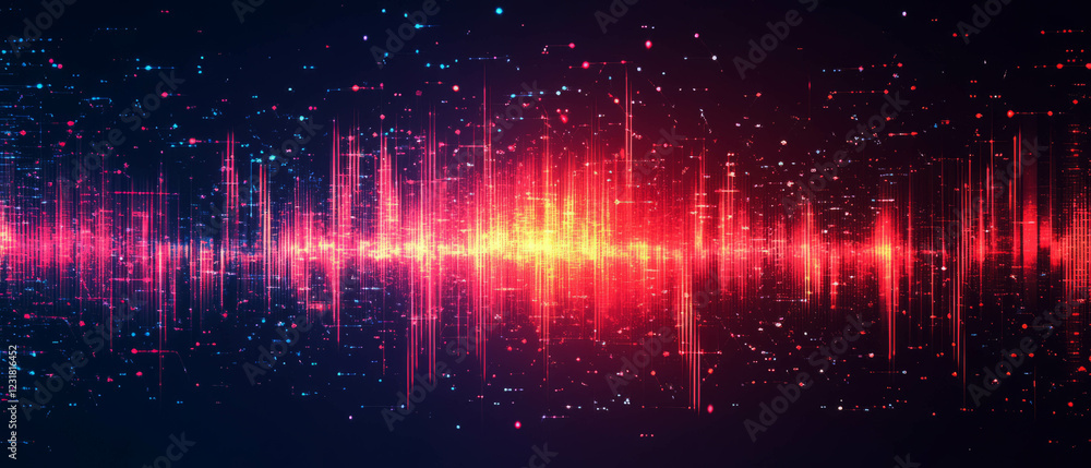 Poster glitching music frequencies create a vibrant abstract background with bold design elements