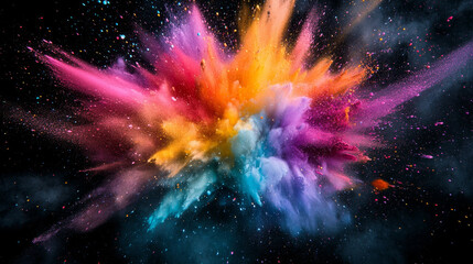 Poster with color powder explosions, splashes of pink and green paint burst. Vector horizontal banner with bright colorful clouds of smoke and dust with particles on black background