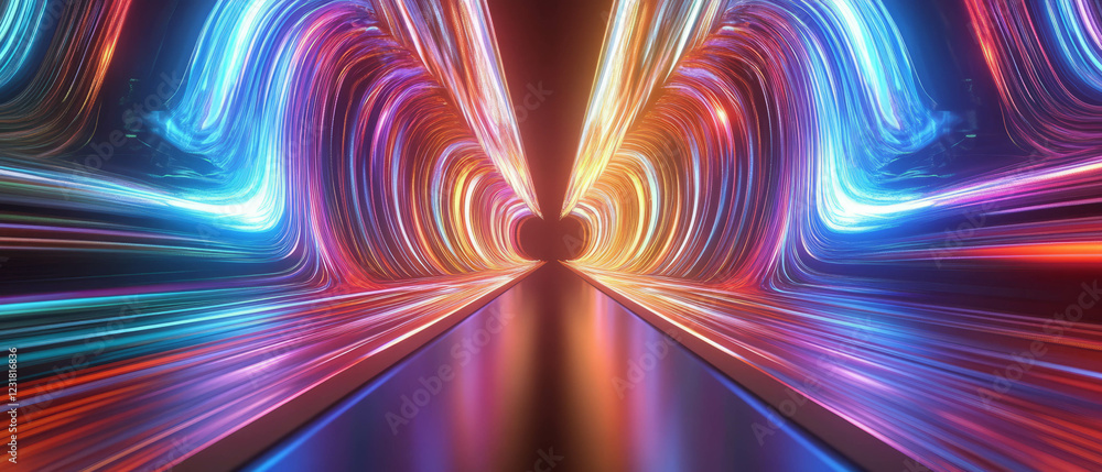 Poster dynamic light trails creating vibrant music waves in an abstract space at night