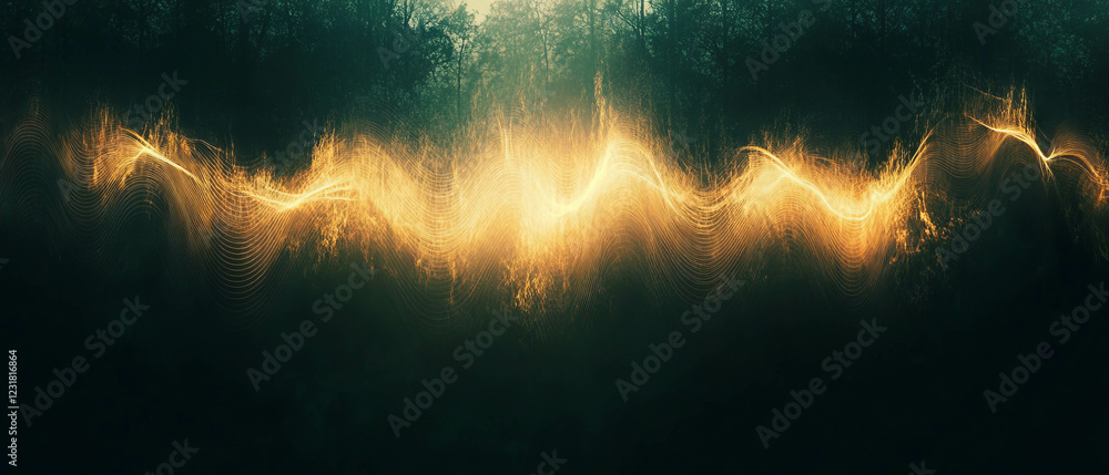 Poster dynamic light trails create vibrant music waves in an abstract setting