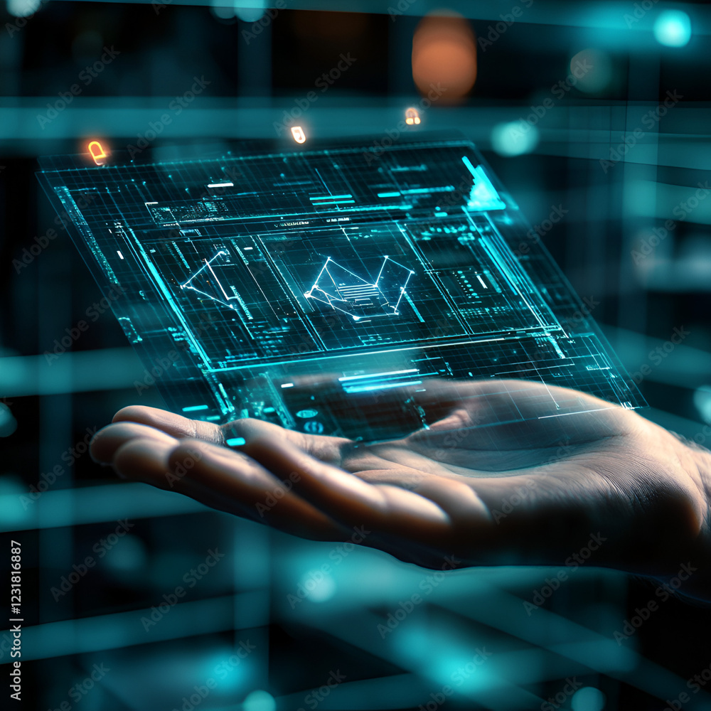 Poster data at your fingertips: a close-up shot of a hand holding a holographic screen with intricate data 