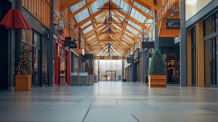 Empty shopping mall interior with closed storefronts, depicting a quiet and desolate atmosphere, symbolizing the impact of economic changes and shifting consumer trends