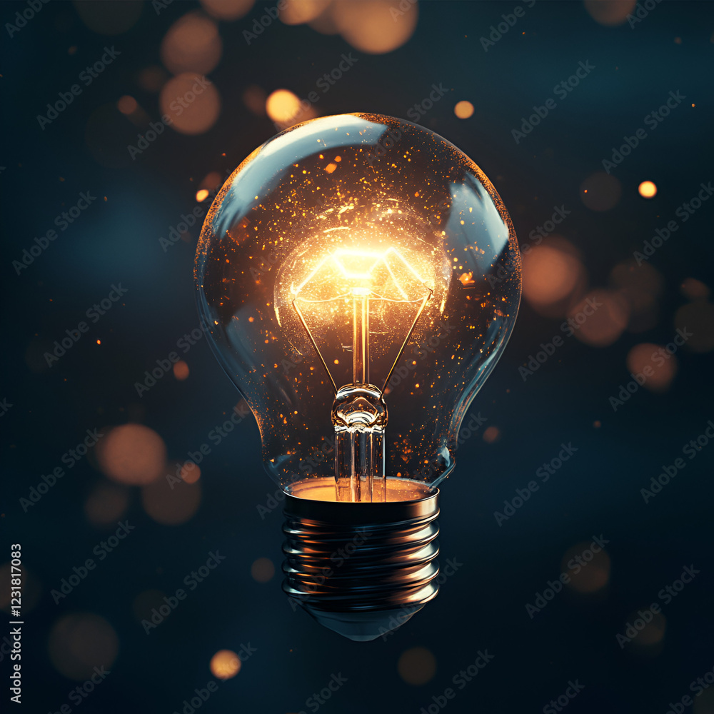 Poster spark of brilliance: a glowing light bulb illuminates a dark background, symbolizing innovation, ide