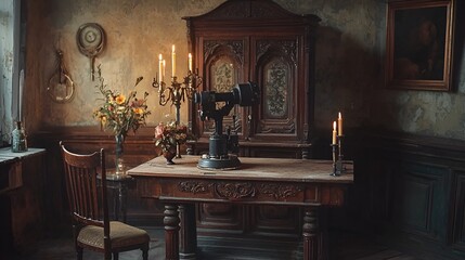 Antique camera on wooden desk, old room, candles, flowers, interior design, historical setting