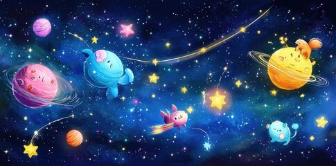 Fototapeta premium Adorable Creatures Explore A Vibrant Starry Cosmos