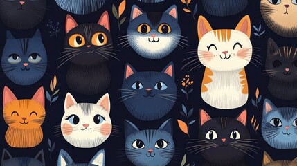 Cute cats pattern, dark background, textile design