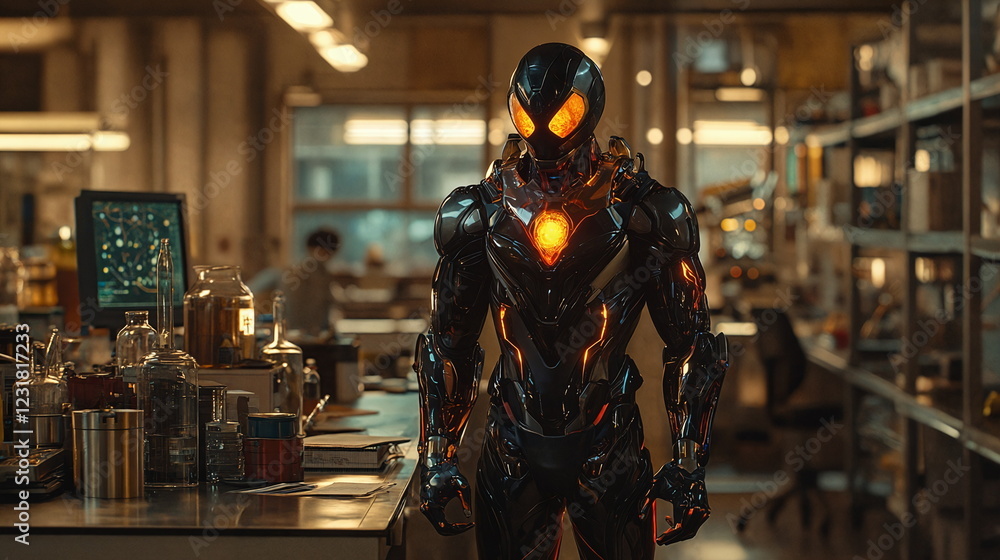 Poster robotic humanoid figure with glowing features in a high-tech laboratory setting filled with science 
