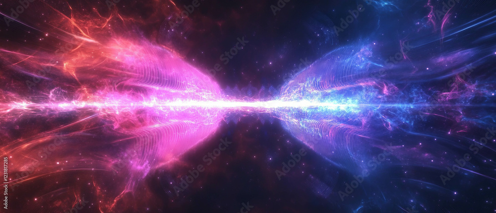 Poster vibrant abstract visualization of quantum energy and sound networks for advanced communications