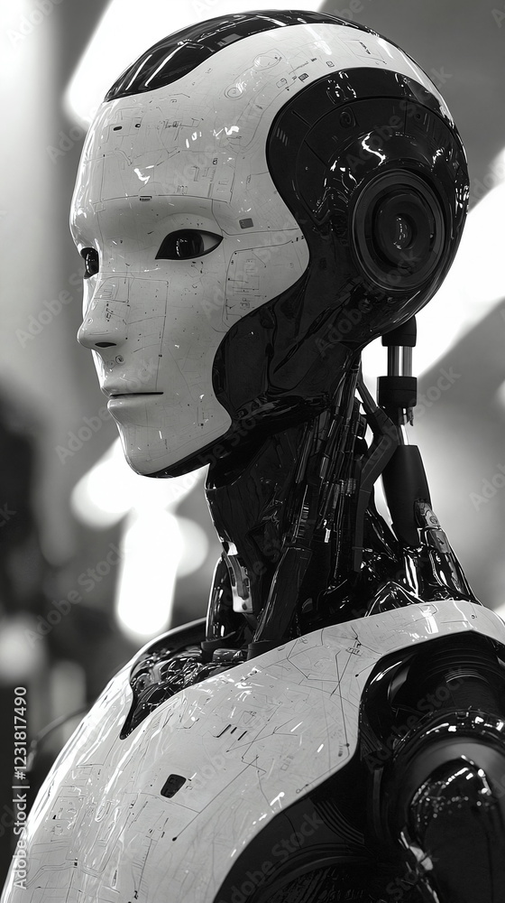 Aufkleber humanoid robot with a sleek, futuristic design featuring a smooth white and black surface, standing 