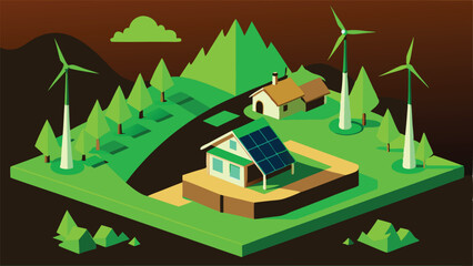 Solar panels, wind turbines, and smart homes powered by renewable energy sources, in modern isometric vector style