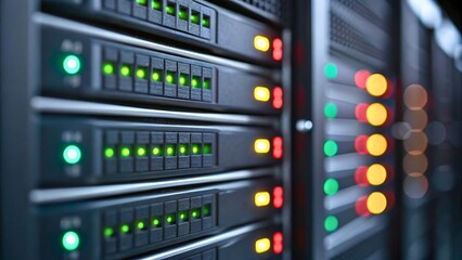 Naklejka premium Data Center Server Rack with Colorful LED Indicators and Data Processing Lights