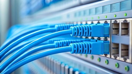 Fototapeta premium Close-Up of Blue Ethernet Cables Connected to Network Switch in Data Center Environment