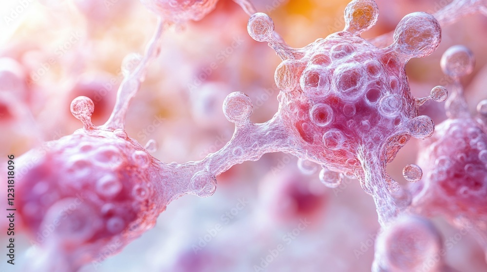 Poster a close-up view of pink cells showcasing intricate structures and vibrant colors, illustrating the b