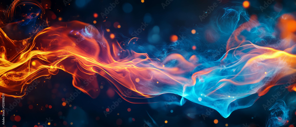 Poster visualized spark energy with dynamic blue and orange flame design in an abstract setting
