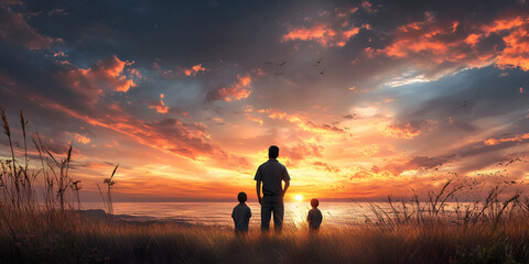 Fototapeta premium silhouette of a person in the sunset, Family Enjoying a Sunset Walk on the Beach