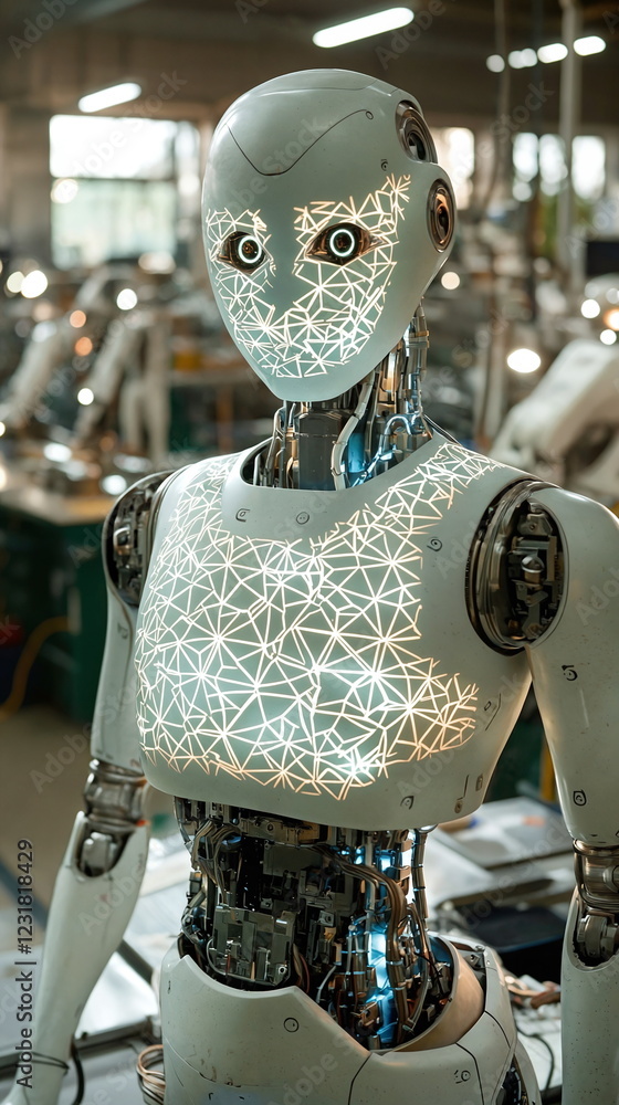 Aufkleber robotic humanoid figure with intricate geometric design illuminated on the torso, standing in a high