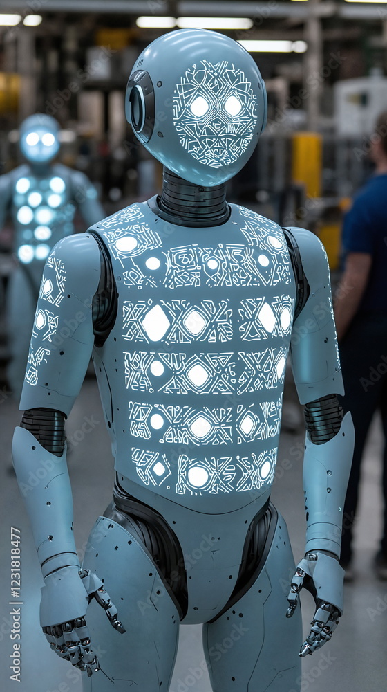 Poster humanoid robot with glowing design in a modern factory setting showcasing advanced technology and ma