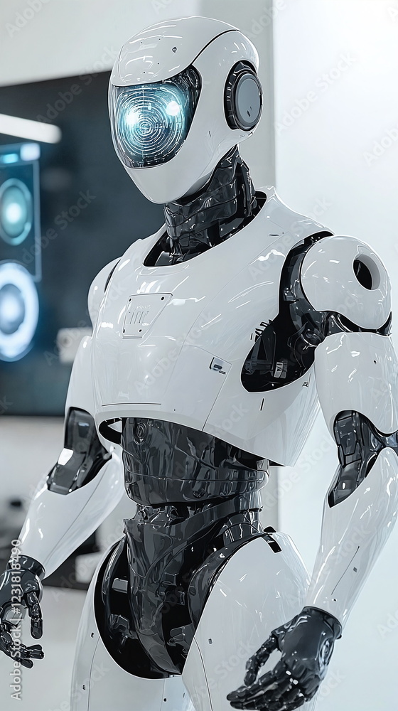 Poster futuristic humanoid robot with sleek design and glowing blue eyes standing in modern environment dis