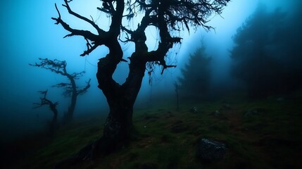 Enigmatic Fog-Shrouded Forest: A Mystical Night Scene