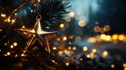 Golden Star Christmas Ornament on a Twinkling Tree Branch