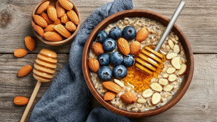 Healthy foods whole grains detox concept. A delicious bowl of oatmeal topped with almonds, blueberries, and honey, served with an extra bowl of almonds on a rustic wooden table.