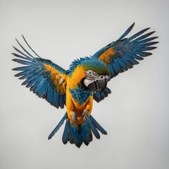 Fototapeta premium A vibrant blue-and-gold macaw in mid-flight, its wings fully extended, isolated on a white background.