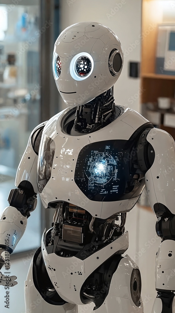 Aufkleber humanoid robot standing indoors with glowing eyes and an interactive display on its chest, exuding a