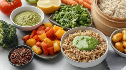 Healthy foods whole grains detox concept. A vibrant array of fresh vegetables, rice, and sauces arranged beautifully, showcasing healthy eating and meal preparation.