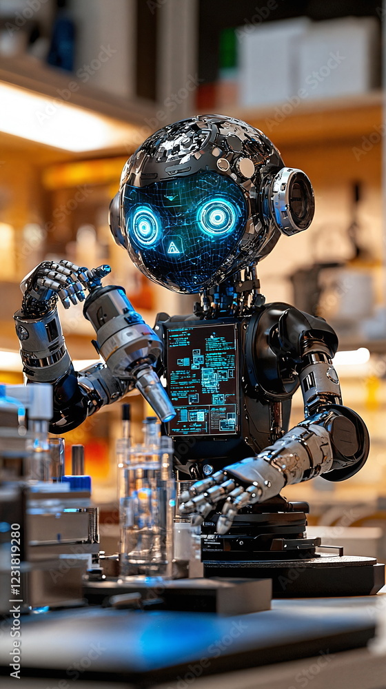 Poster advanced robot conducting experiments in modern laboratory with glowing blue eyes and intricate mech
