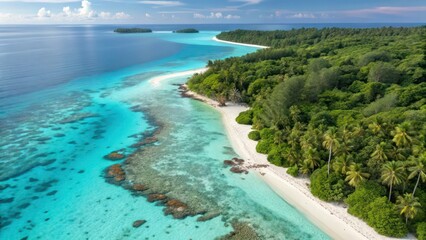 Aerial view of a tropical island with clear blue water and lush greenery