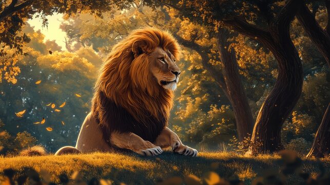 Majestic lion resting in autumn forest, golden sunlight