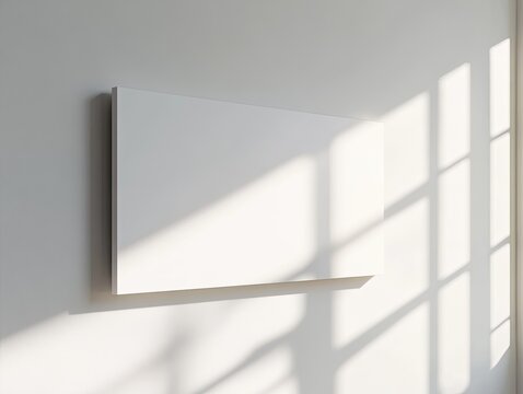 White wall with a white framed picture hanging on it. The empty frame of the picture gives the wall a clean and minimalist look. Concept of money