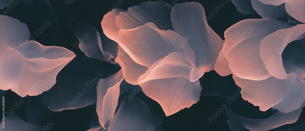 Poster Elegant abstract petal patterns create a floral design on a dark background