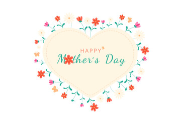 Heart-shaped sticker design with "Happy Mother's Day" text and small flowers, cute and festive decoration