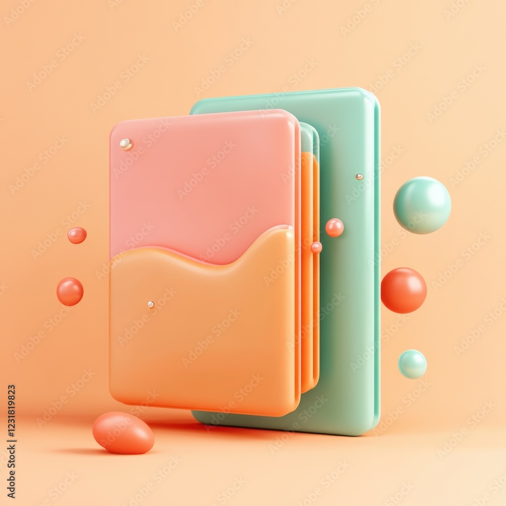 Poster abstract pastel shapes design with peach and mint green elements floating spheres modern 3d render