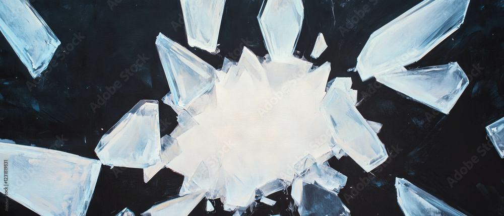 Poster abstract shapes and shattered glass create a dynamic texture on a dark backdrop