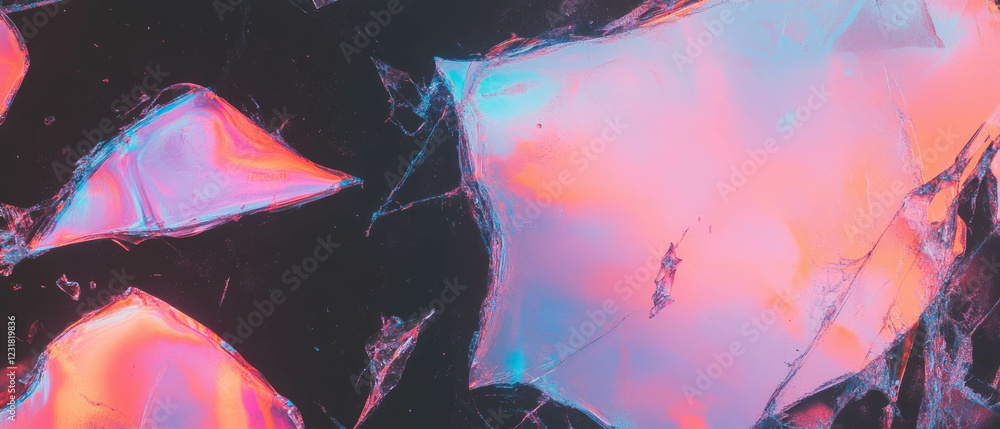 Poster vibrant abstract shapes and shattered glass create a striking visual effect on dark background