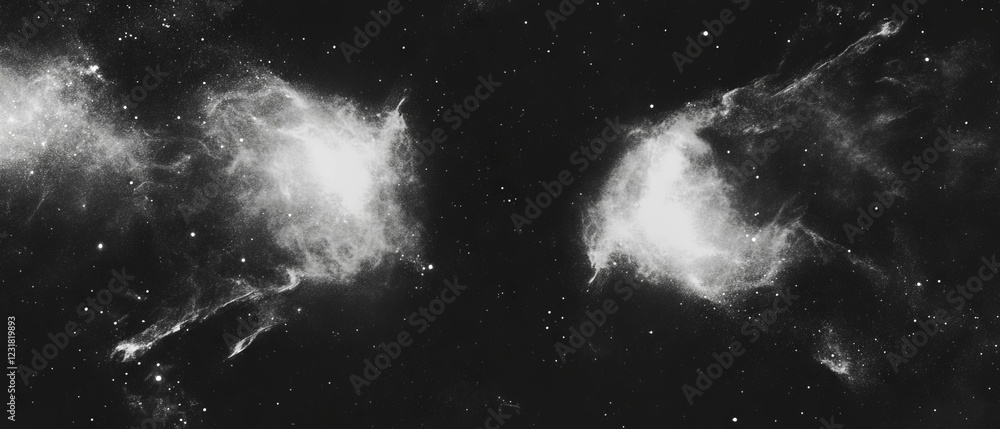 Poster unique arrangement of abstract shapes and dust particles on a black background creates visual depth