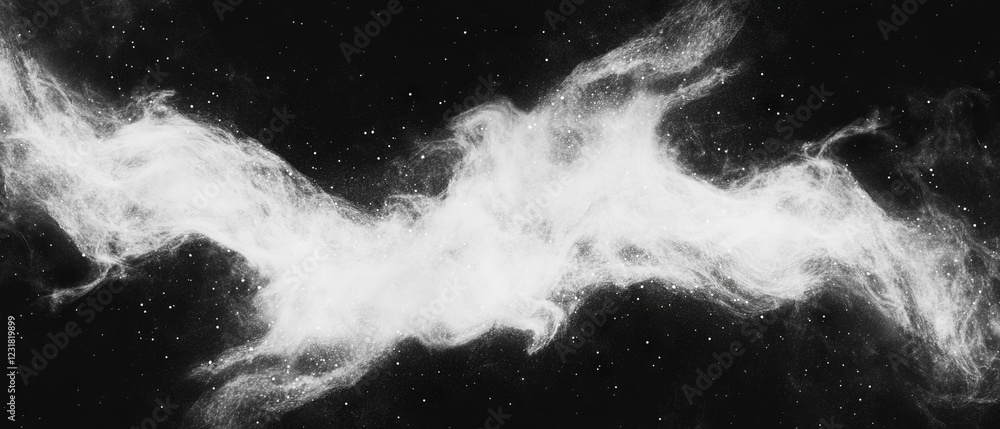Poster dynamic abstract shapes and dust particles create depth against a black background