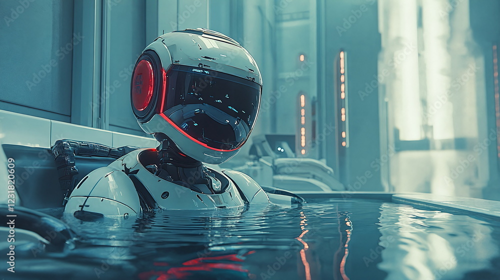 Poster robotic figure sitting in a futuristic water tank with glowing lights, creating a sci-fi atmosphere 