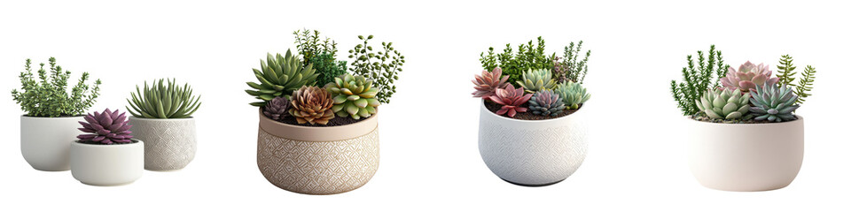 Fototapeta premium Assortment of Decorative Potted Succulents and Cacti for Home or Office Interior Design Variety of Succulent and Cactus Plants in Ceramic Planters for Trendy Modern and Minimalist Decor