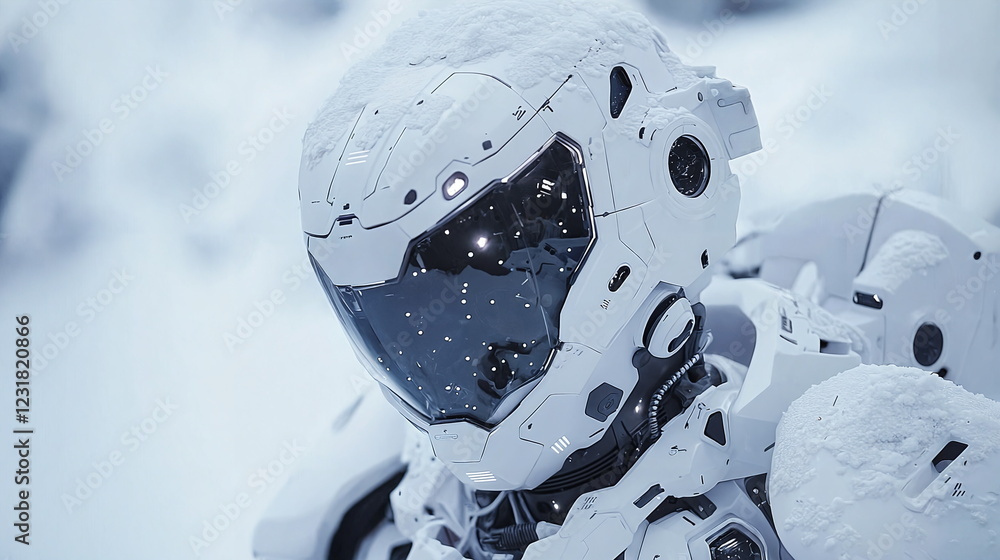 Poster snow-covered robotic figure with futuristic armor standing in a cold, icy environment showcasing adv
