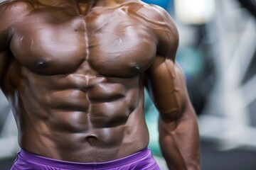 Fototapeta premium Beautiful body of fitness man on dark gym wall background. Neural network ai generated