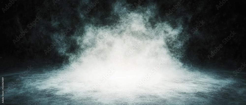 Poster angular dust overlay creates dynamic focal point on geometric black background