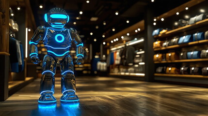 Obraz premium Lifelike robot standing in modern retail store with shelves full of clothes and a warm ambient atmosphere illuminated by soft lights.