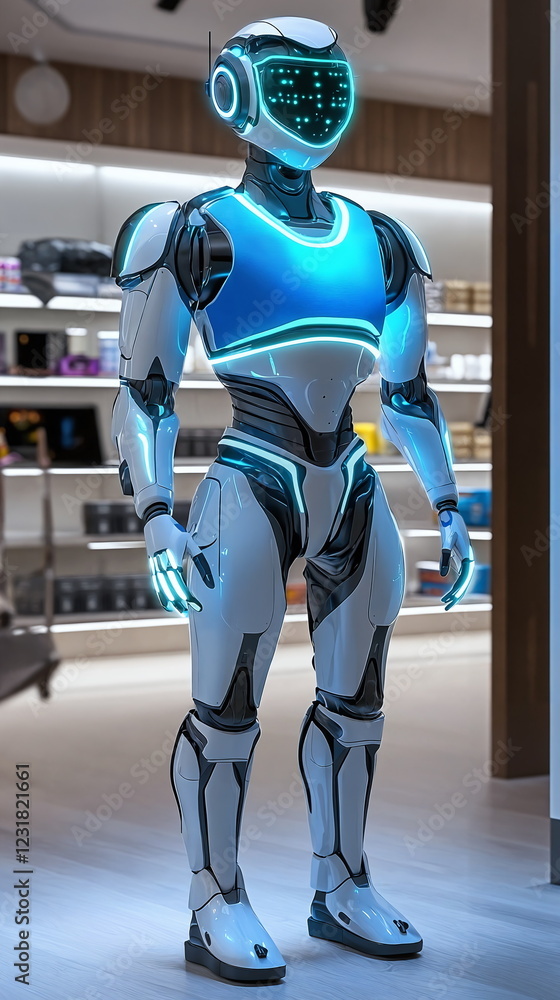 Aufkleber futuristic humanoid robot with blue neon lights standing in a modern retail store showcasing advance