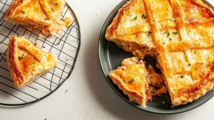 Chicken pot pie slice with flaky golden crust