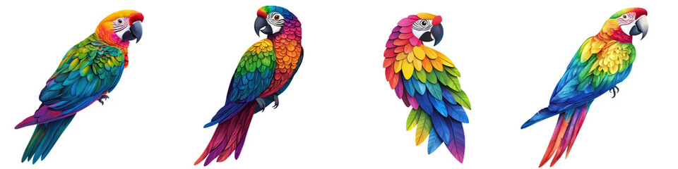 Fototapeta premium Vibrant and Colorful Macaw Parrots Perching on Tree Branch in Lush Tropical Environment Showcasing the Diversity and Beauty of Exotic Bird Species