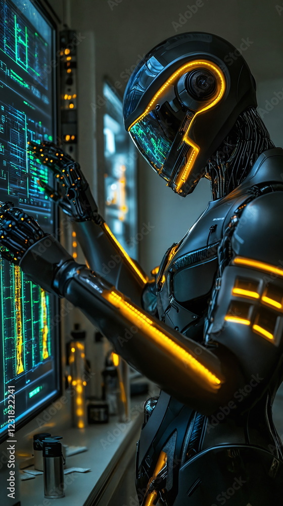 Poster futuristic robot interacting with digital display panels illuminated in neon orange light, showcasin