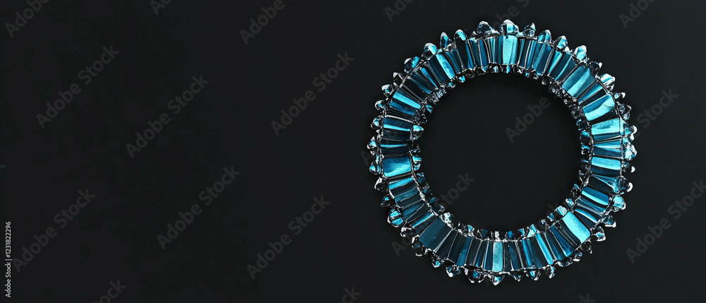 Poster blue concentric circular watercolor pattern radiating from an empty center on black background